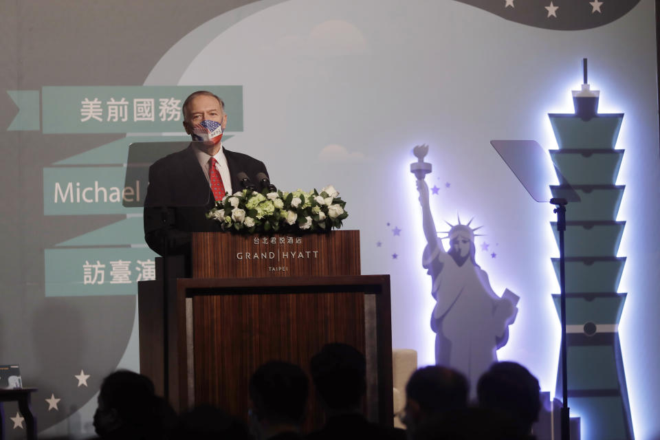 Former U.S. Secretary of State Mike Pompeo delivers a speech in Taipei, Taiwan, Friday, March 4, 2022. (AP Photo/Chiang Ying-ying)