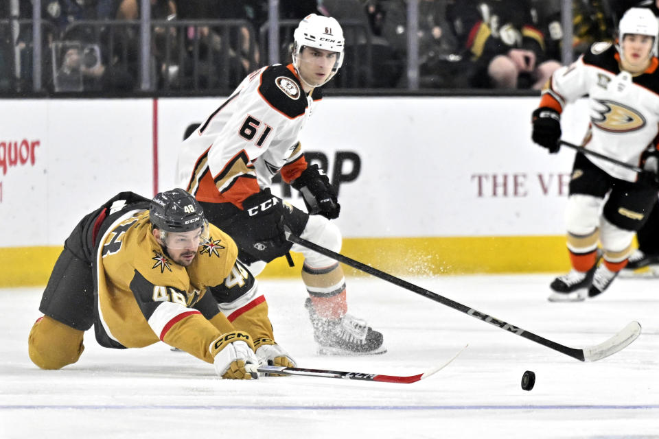 Vegas Golden Knights center Tomas Hertl (48) dives for the puck next to Anaheim Ducks right wing Cutter Gauthier (61) during the first period of an NHL hockey game Thursday, April 18, 2024, in Las Vegas. (AP Photo/David Becker)