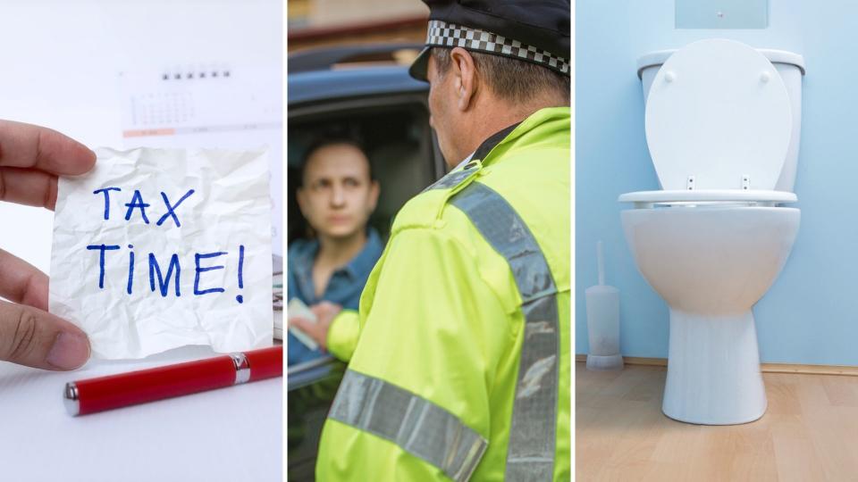 A handwritten note saying 'tax time' on the left, a policeman giving a driver a traffic ticket in the centre, and a toilet on the right.