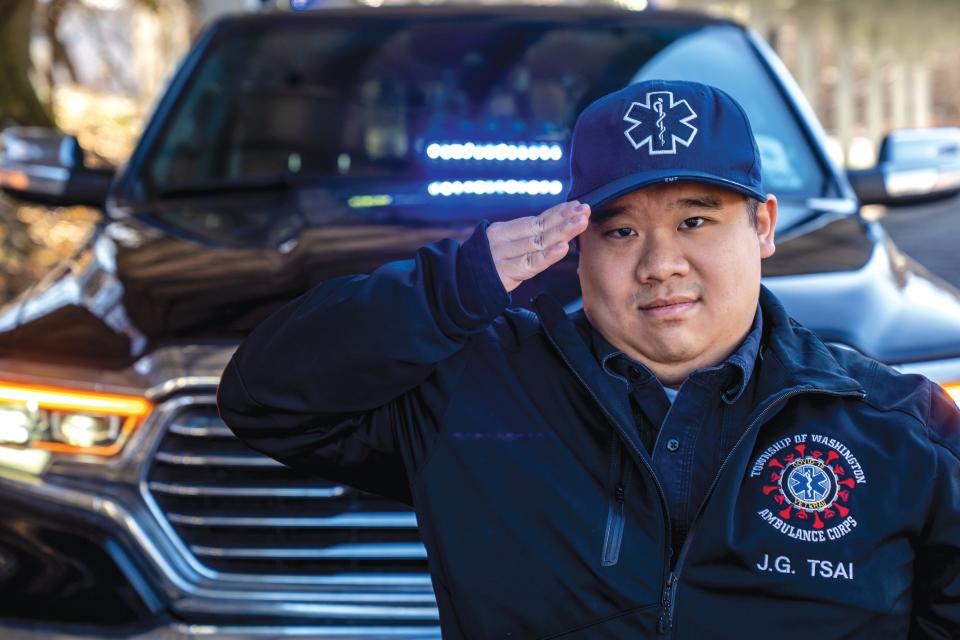 Paramus native Justin Tsai is a freelance EMT for celebrities and TV, movie and commercial sets. Tsai poses for a photo by his truck in Woodland Park, NJ on Tuesday December 13, 2022.