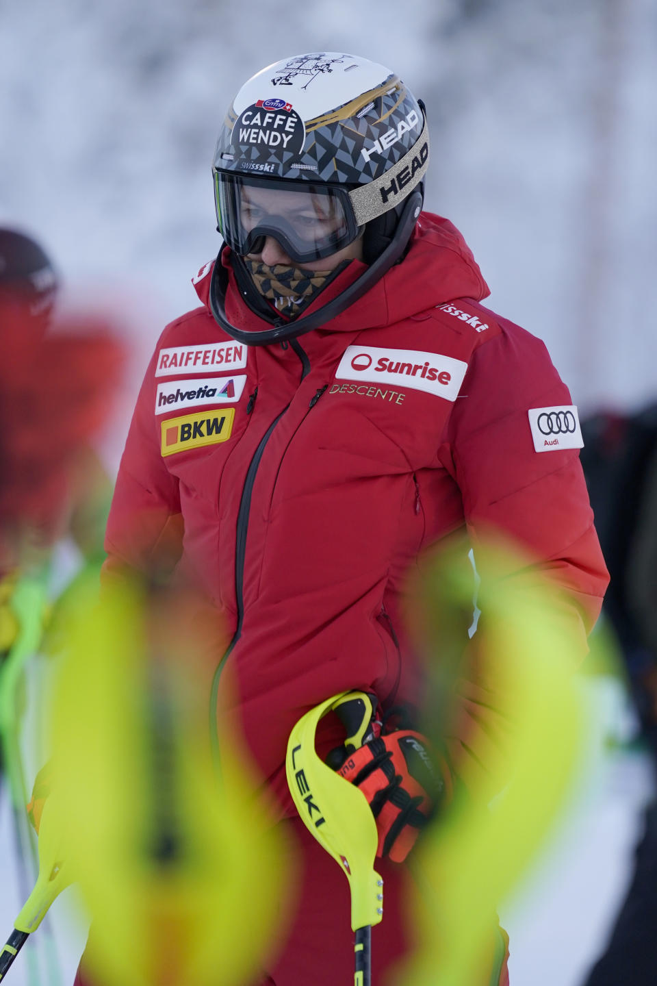 Switzerland's Wendy Holdener looks on during the course check ahead of the first run of an alpine ski World Cup women's slalom race, in Levi, Finland, Saturday, Nov. 11, 2023. (AP Photo/Giovanni Auletta)