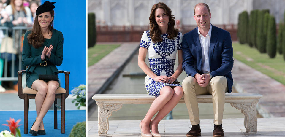 The Duchess of Cambridge often sits with her ankles crossed, or her legs slanted to one side [Photo: Getty]