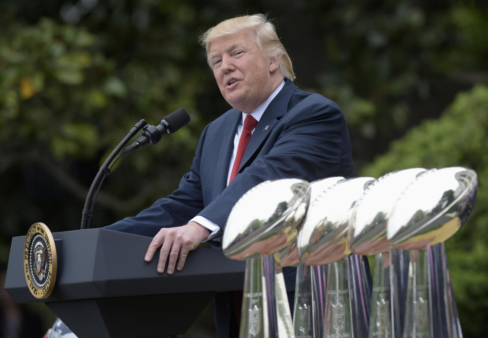 President Trump speaks during a White House ceremony honoring the Super Bowl Champion New England Patriots. (AP Photo/Susan Walsh)