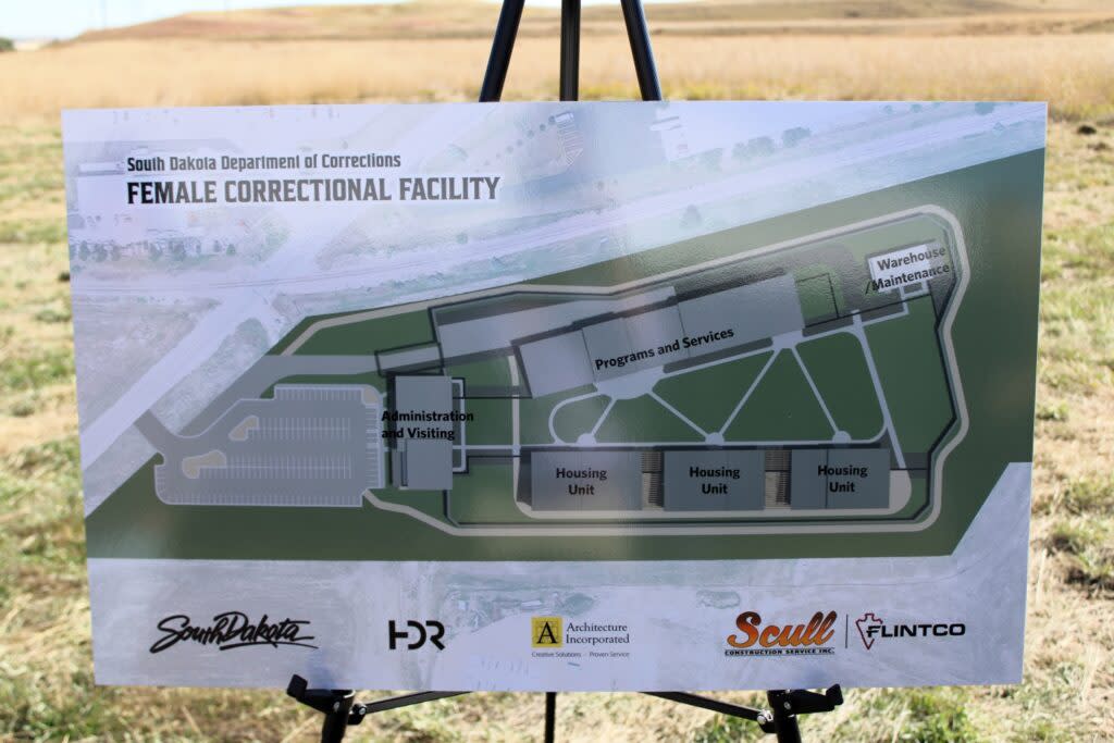 The site plan for a women's prison in Rapid City, as displayed at a groundbreaking ceremony Oct. 16, 2023. (Seth Tupper/South Dakota Searchlight)