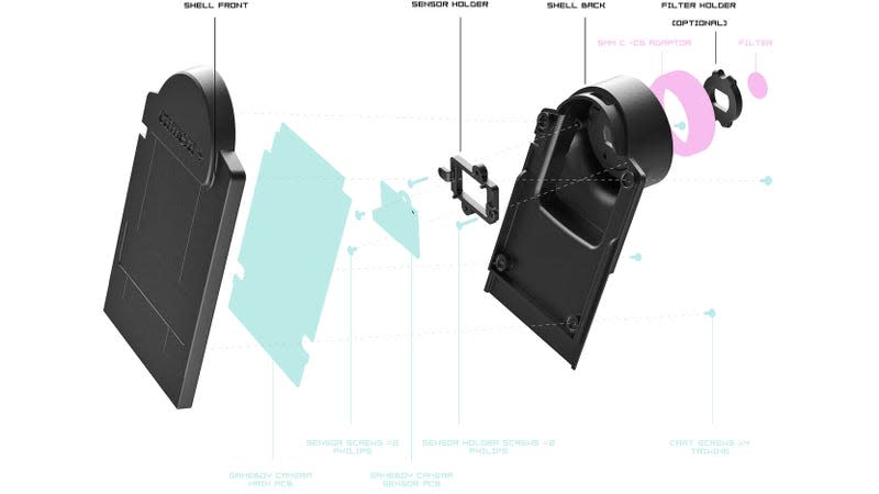 An illustration detailing how the Game Boy Camera + upgrade shell is assembled with the accessory's original parts.