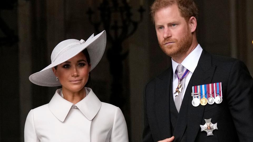 Prince Harry and Meghan Markle, Duke and Duchess of Sussex leave after a service of thanksgiving for the reign of Queen Elizabeth II at St Paul's Cathedral in London, Friday, June 3, 2022 on the second of four days of celebrations to mark the Platinum Jubilee.