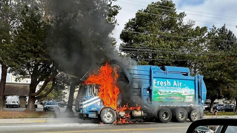 A Republic Services truck ablaze in Boise in 2023. Republic Services had five truck fires last year -- four started by lithium ion batteries. Courtesy/City of Boise