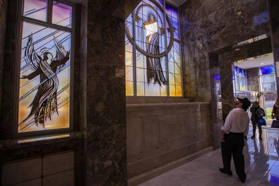 Visitors view the new mausoleum at Christ Cathedral in Garden Grove.