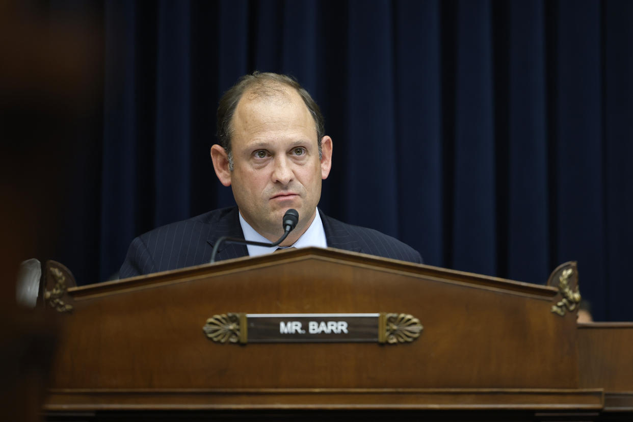 WASHINGTON, DC - MAY 17: U.S. Rep. Andy Barr (R-KY) participates in a House Financial Services Committee Hearing at the Rayburn House Office Building on May 17, 2023 in Washington, DC. The hearing was held to examine the recent failures of Silicon Valley Bank and Signature Bank.  (Photo by Kevin Dietsch/Getty Images)