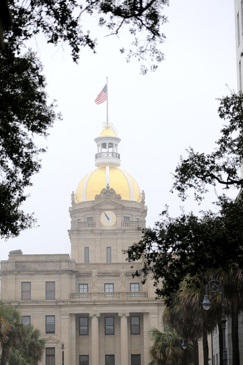 Fog wraps around Savannah City Hall.