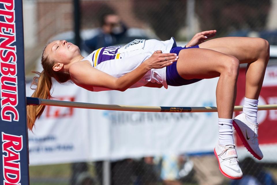 Palisades' Paige Casterline clears the crossbar as she competes in the 2A high jump at the PIAA Track and Field Championships at Shippensburg University Friday, May 26, 2023. Casterline finished fourth with a mark of 5-4.