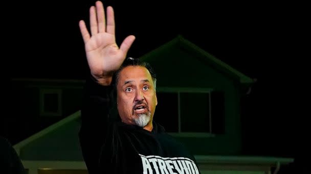 PHOTO: Richard Fierro gestures while speaking during a news conference outside his home about his efforts to subdue the gunman in Saturday's shooting at Club Q, in Colorado Springs, Colo., Nov. 21, 2022.  (Jack Dempsey/AP)