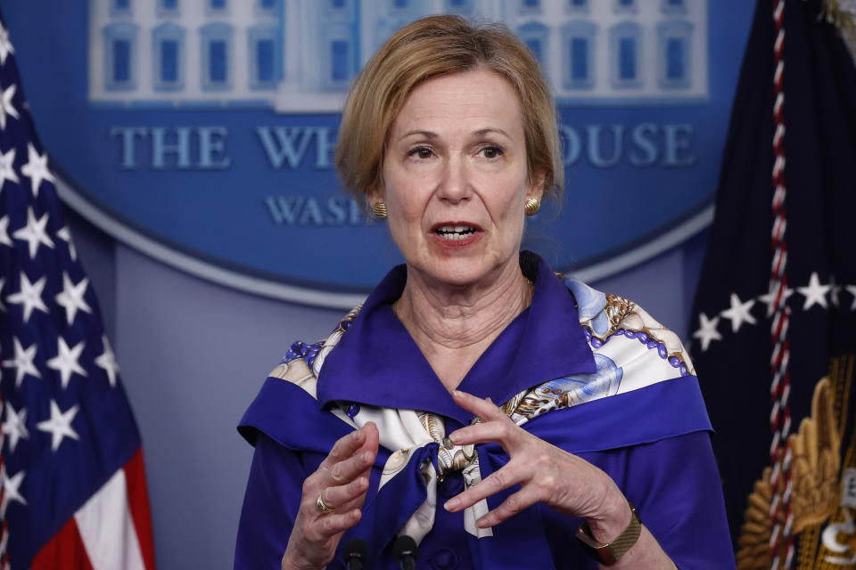 Dr. Deborah Birx, White House coronavirus response coordinator, speaks with reporters about the coronavirus in the James Brady Briefing Room of the White House, Friday, May 22, 2020, in Washington. (AP Photo/Alex Brandon)