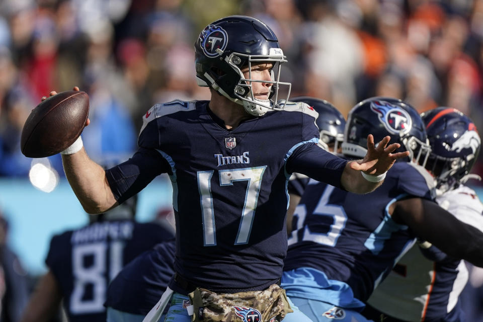 Tennessee Titans quarterback Ryan Tannehill (17) works in the pocket against the Denver Broncos during the second half of an NFL football game, Sunday, Nov. 13, 2022, in Nashville, Tenn. (AP Photo/Mark Humphrey)