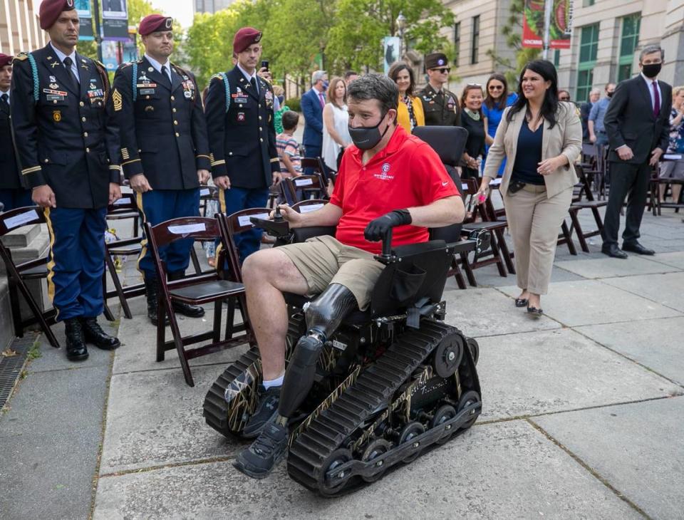 Sgt. Michael Verardo arrives as he is honored by North Carolina Lawmakers during a North Carolina Wounded Heroes Day Celebration on the Bicentennial Mall on Wednesday, April 21, 2021 in Raleigh, NC. Verardo survived wounds sustained during his service in Afghanistan.