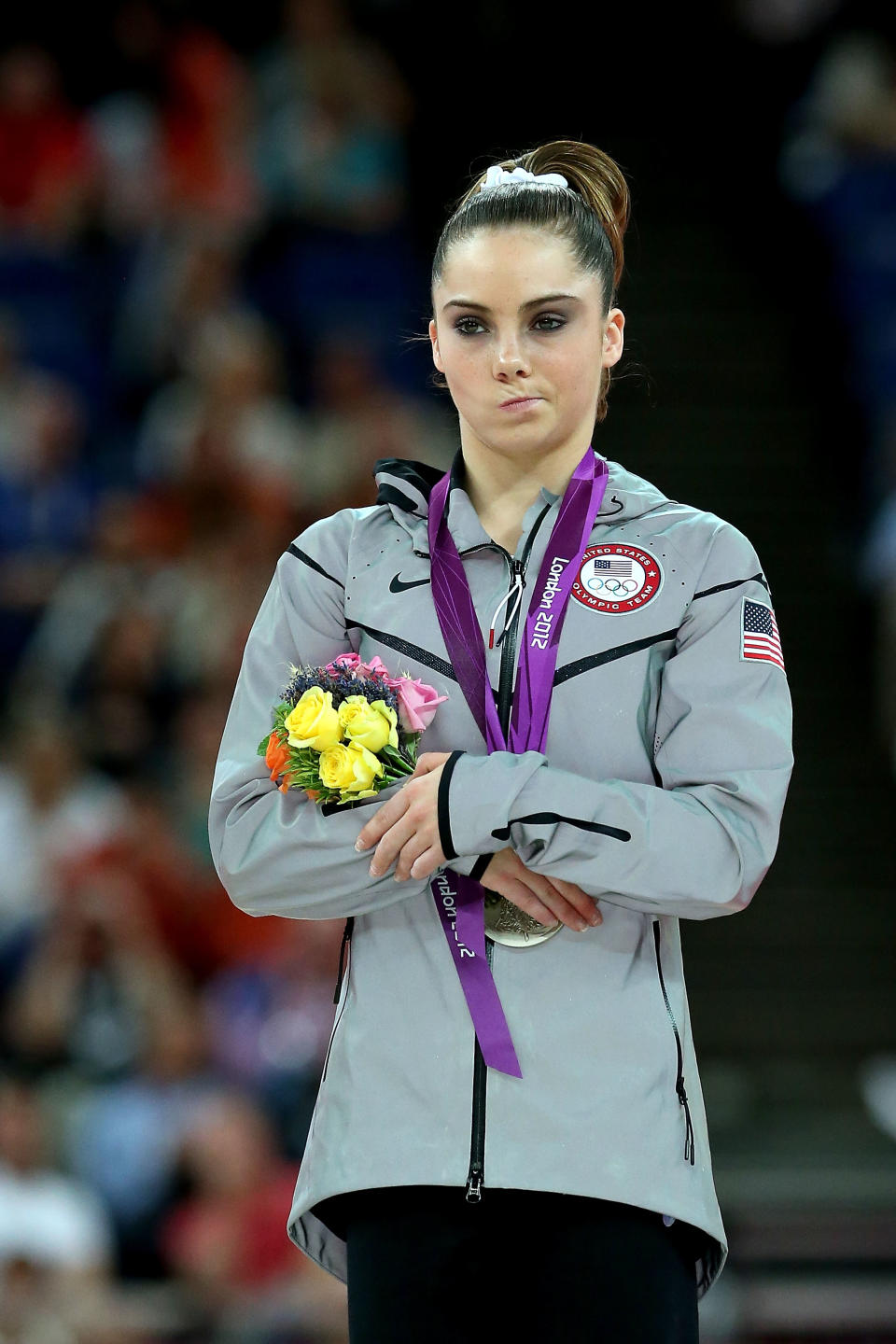 McKayla Maroney of the United States stands on the podium with her silver medal during the medal ceremony following the Artistic Gymnastics Women's Vault final on Day 9 of the London 2012 Olympic Games at North Greenwich Arena on August 5, 2012 in London, England. (Photo by Ronald Martinez/Getty Images)