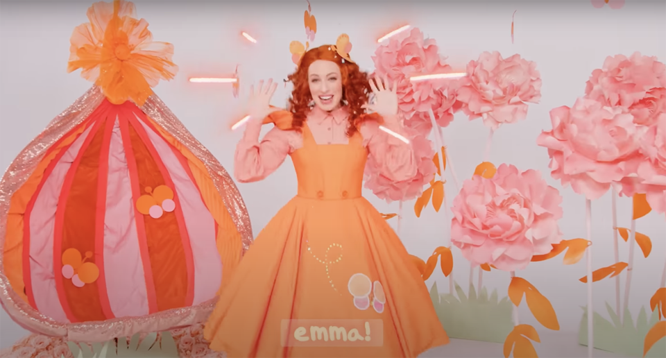 After quitting the Wiggles last October, former Yellow Wiggle Emma Watkins has revealed her new kids' character Emma Memma. Photo: YouTube/Emma Memma