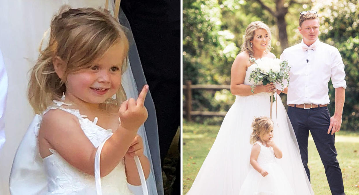The bride’s three-year-old daughter gave the middle finger during a wedding photo shoot. [Photo: Caters]