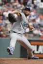 Los Angeles Dodgers starting pitcher Clayton Kershaw (22) throws against the San Francisco Giants during the first inning of a baseball game in San Francisco, Saturday, Sept. 29, 2018. (AP Photo/Jim Gensheimer)