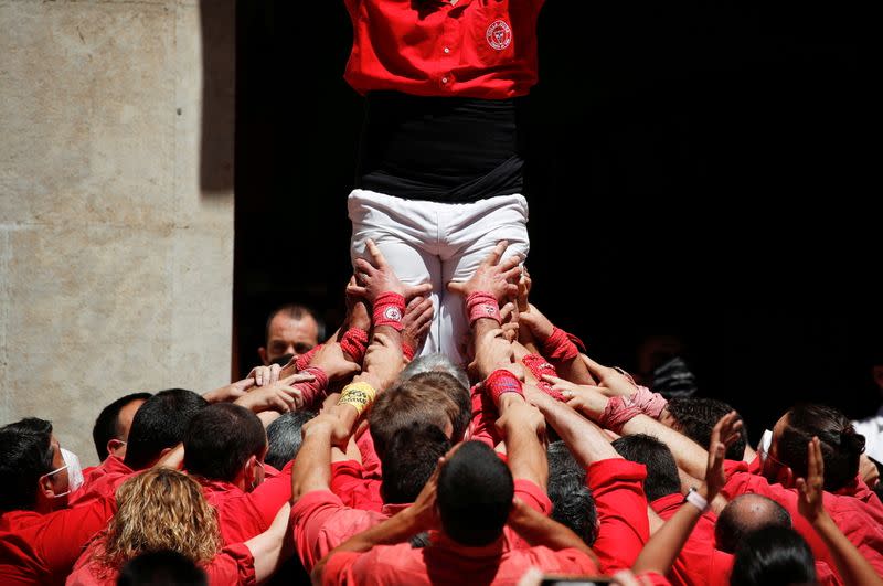 Colla Joves Xiquets de Valls and Colla Vella Dels Xiquets de Valls first performance after COVID-19 halt, in Valls