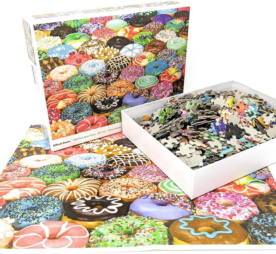 Those with a sweet tooth can take their time solving this 1000-piece "difficult donut" puzzle. <a href="https://amzn.to/3m0fqCf" target="_blank" rel="noopener noreferrer">Find it for $18 at Amazon</a>.