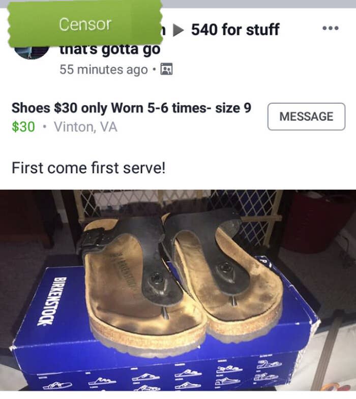 Facebook Marketplace listing for Birkenstock sandals, size 9, lightly worn 5-6 times for $30 in Vinton, VA. Text reads "First come first serve!"