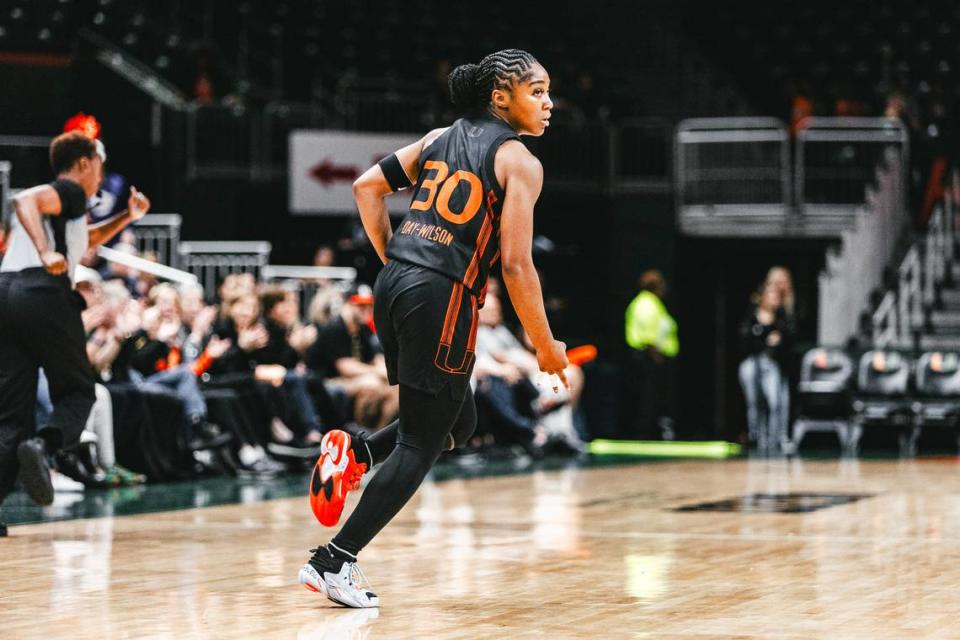 University of Miami guard Shayeann Day-Wilson scored 15 first-half points against FSU at the Watsco Center on Sunday, Feb. 18, 2024.