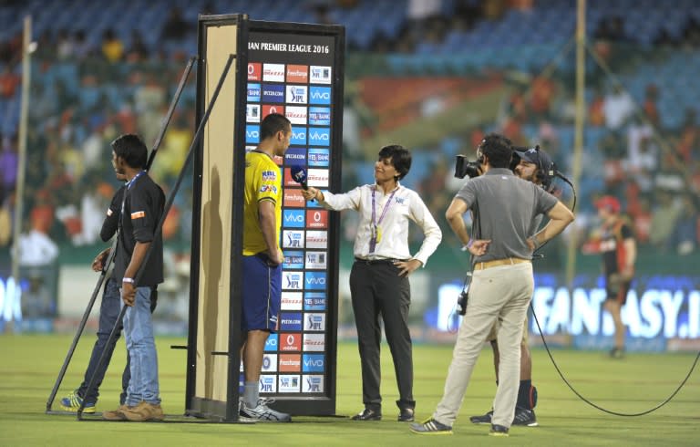 Commentator and former women's cricket team captain Anjum Chopra interviews Delhi Daredevils Nathan Coulter-Nile ahead of the 2016 IPL Twenty20 match