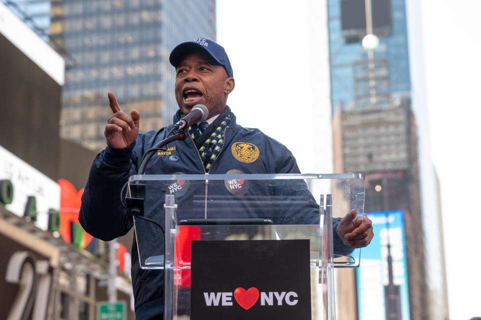 New York City Mayor Eric Adams speaks at the campaign launch event for “We Love NYC.” 