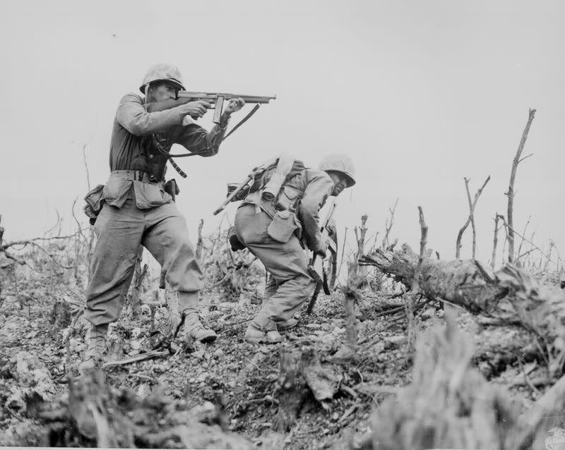 FILE PHOTO: Marines of the 1st Marine Division near Wana Ridge during the Battle of Okinawa