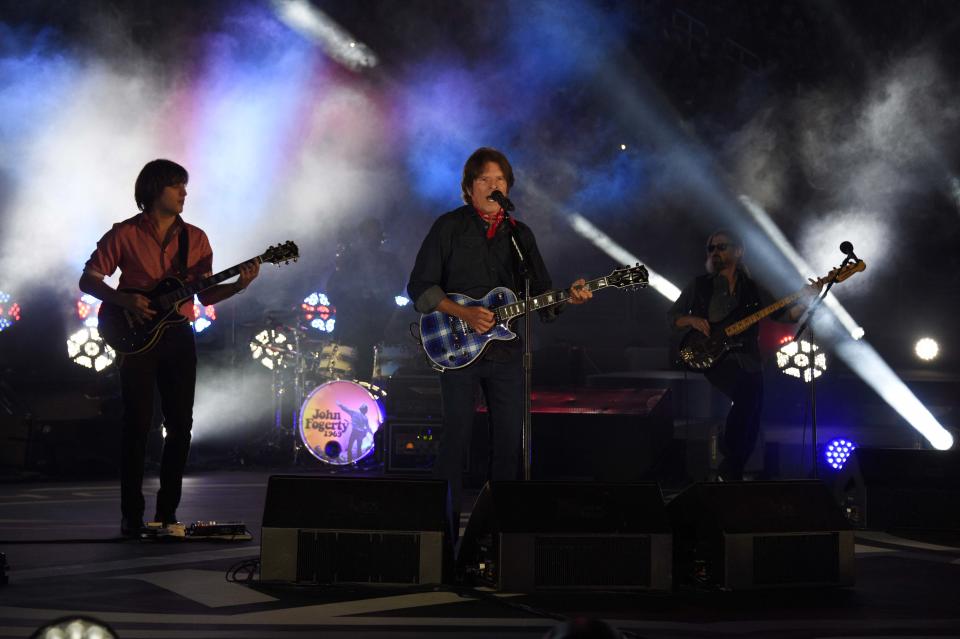 Feb 21, 2015; Santa Clara, CA, USA; Recording artist John Fogerty performs in the first intermission during the Stadium Series hockey game between the San Jose Sharks and the Los Angeles Kings at Levis Stadium. (Kyle Terada-USA TODAY Sports)