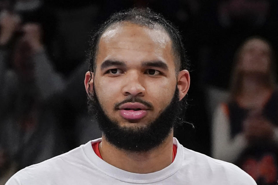 FILE - Auburn forward Johni Broome poses after an NCAA college basketball game in New York, Friday, Nov. 17, 2023. Broome was selected to the AP All-SEC first team in balloting released Tuesday, March 12, 2024.(AP Photo/Peter K. Afriyie, FIle)