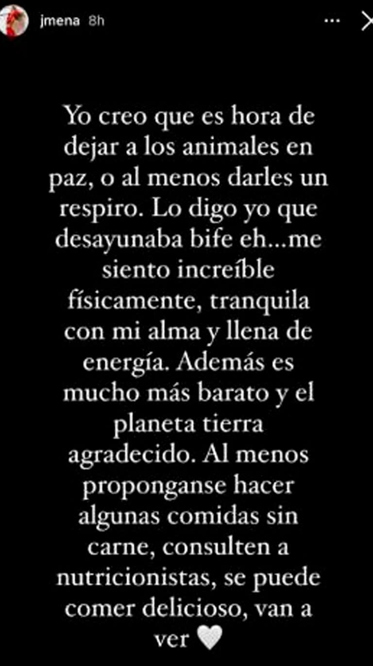 La story con la que Jimena Barrón reflexionó sobre los beneficios de una dieta vegetariana