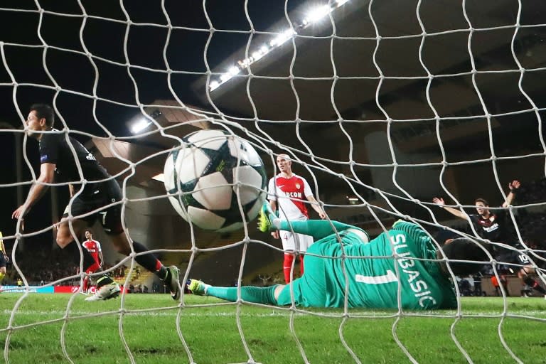 Monaco's Croatian goalkeeper Danijel Subasic concedes a goal during his UEFA Champions League football against Bayer Leverkusen, on September 27, 2016 in Monaco