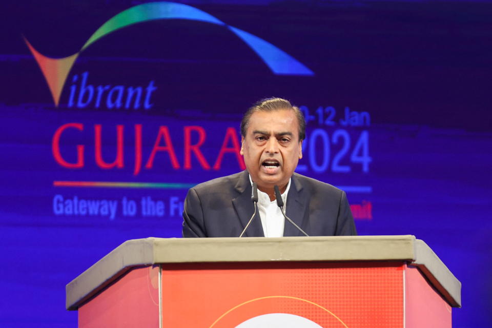 Chairman and managing director of Reliance Industries Mukesh Ambani speaks during the Vibrant Gujarat Global Summit, at the Mahatma Mandir in Gandhinagar, Gujarat, India January 10, 2024. REUTERS/Amit Dave