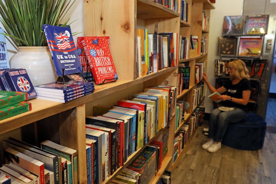 British themed books for sale at The Hamlet British Shop, which sells imported British foods, beverages, books, vinyl and gift items, Oct. 12, 2023.