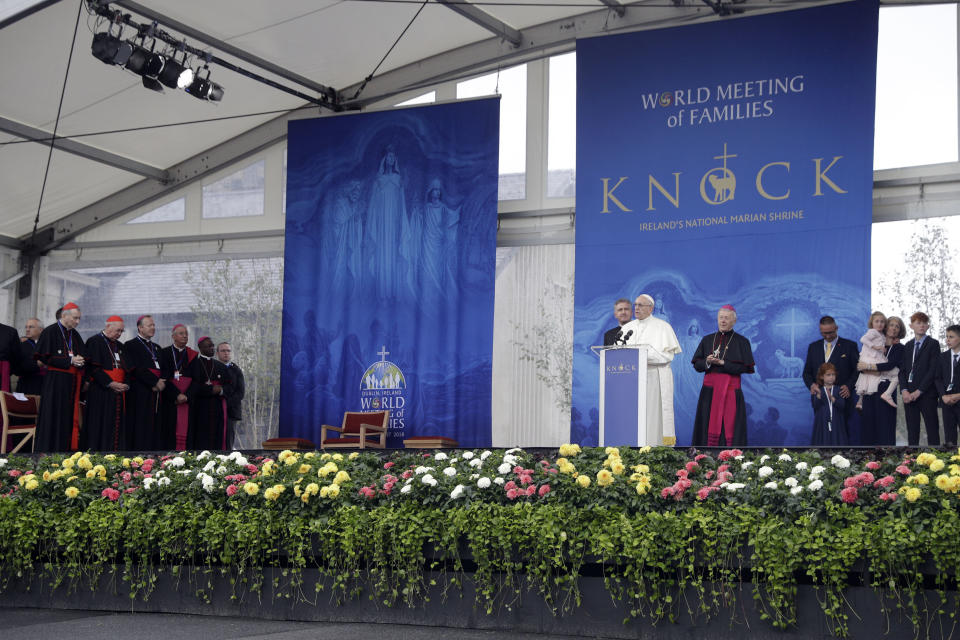Pope Francis delivers his speech during his visit at the Knock Shrine, in Knock, Ireland, Sunday, Aug. 26, 2018. (AP Photo/Gregorio Borgia)