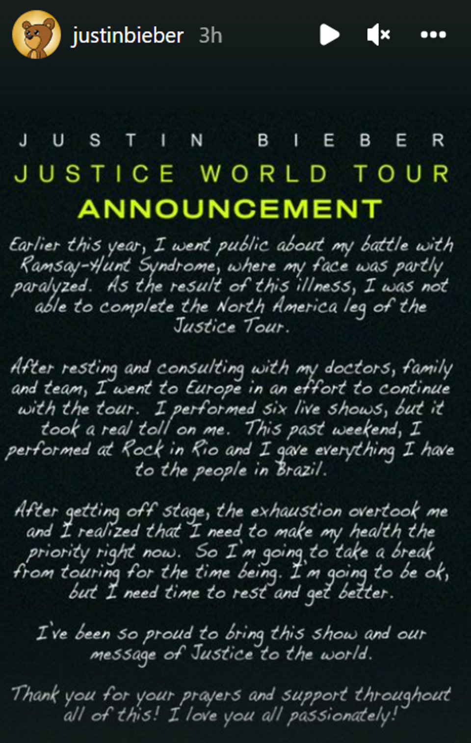 Justin Bieber cancels the rest of the Justice World Tour (Instagram / Justin Bieber)