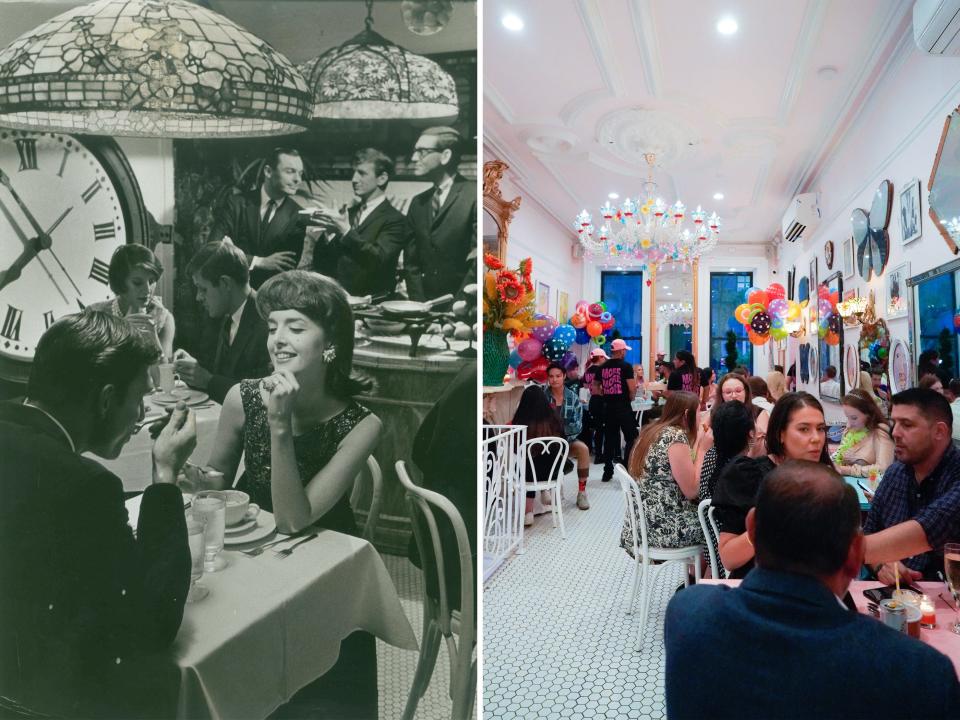 Black and white and color photos show what Serendipity 3 looked like inside a while ago and 2021.