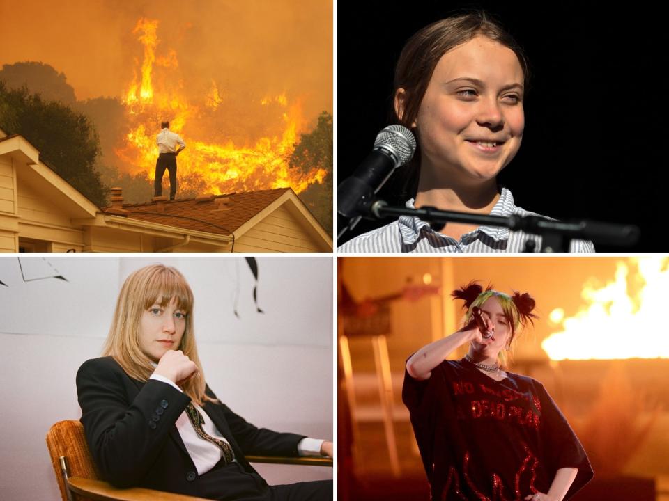 Top left clockwise: Wildfires in California, Greta Thunberg, Billie Eilish and The Weather Station (Getty)