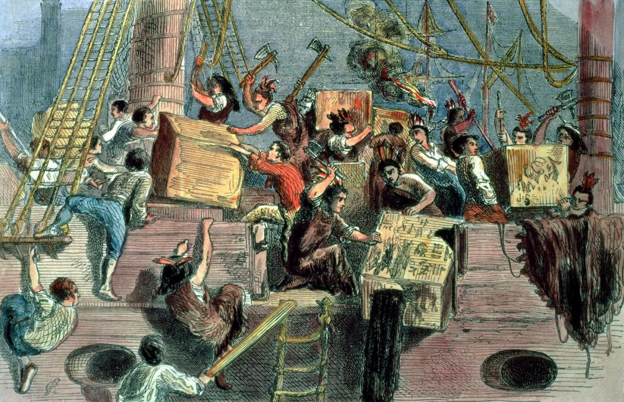 Under cover of night, Colonists boarded the ships, dumped the tea chests and sparked a revolution. <a href="https://www.gettyimages.com/detail/news-photo/boston-tea-party-the-boston-boys-throwing-the-taxed-tea-news-photo/73216815" rel="nofollow noopener" target="_blank" data-ylk="slk:Hulton Fine Art Collection/Art Images via Getty Images;elm:context_link;itc:0;sec:content-canvas" class="link ">Hulton Fine Art Collection/Art Images via Getty Images</a>