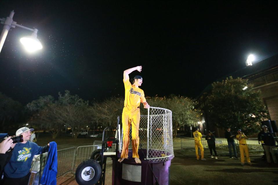 Eric Byrnes waves to the crowd after being dunked Tuesday night outside Grayson Stadium. Byrnes was introduced as the head coach for the Banana Ball team for the 2022 World Tour.