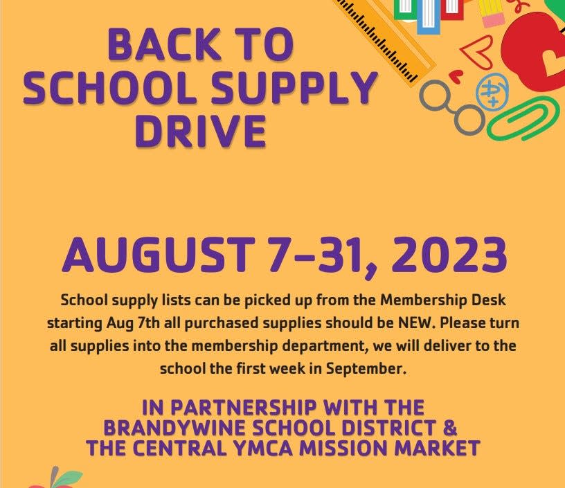 Brandywine YMCA is beginning a school supply drive that will stretch throughout August in New Castle County, gathering donations to provide to Brandywine School District families by early September 2023. Gathered supplies will also head to the greater YMCA of Delaware's "Y Mission Market" — a free store for community members in need, housed at Central YMCA in Wilmington.