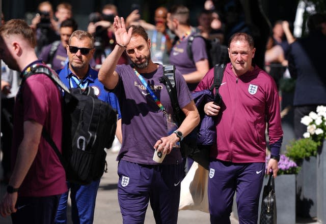 England manager Gareth Southgate waves as he leaves the team hotel in Berlin