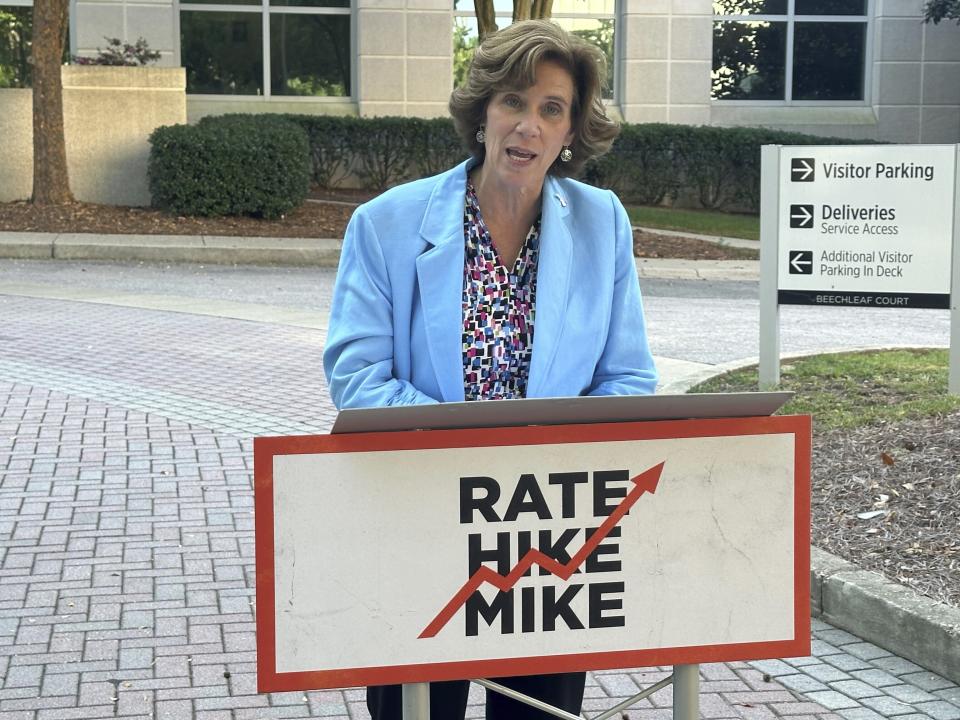 North Carolina state Sen. Natasha Marcus, D-Mecklenburg, a candidate for North Carolina insurance commissioner, speaks outside the state Department of Insurance building in Raleigh, N.C., before a hearing on homeowners' premium insurance rates on Monday, Oct. 7, 2024. (AP Photo/Gary D. Robertson)