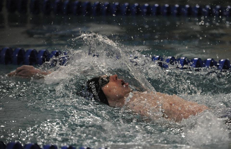 Chillicothe senior Ian Montgomery completes the first leg of the boys 200-yard medley relay during the Wendy Arth swim meet at the Ross County YMCA on Jan. 3, 2024, in Chillicothe, Ohio.