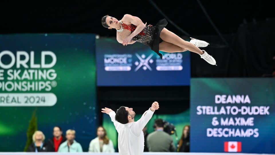 Deschamps throws Stellato-Dudek into a triple twist during the pairs' free skate portion of the 2024 World Figure Skating Championships. - Minas Panagiotakis/Getty Images