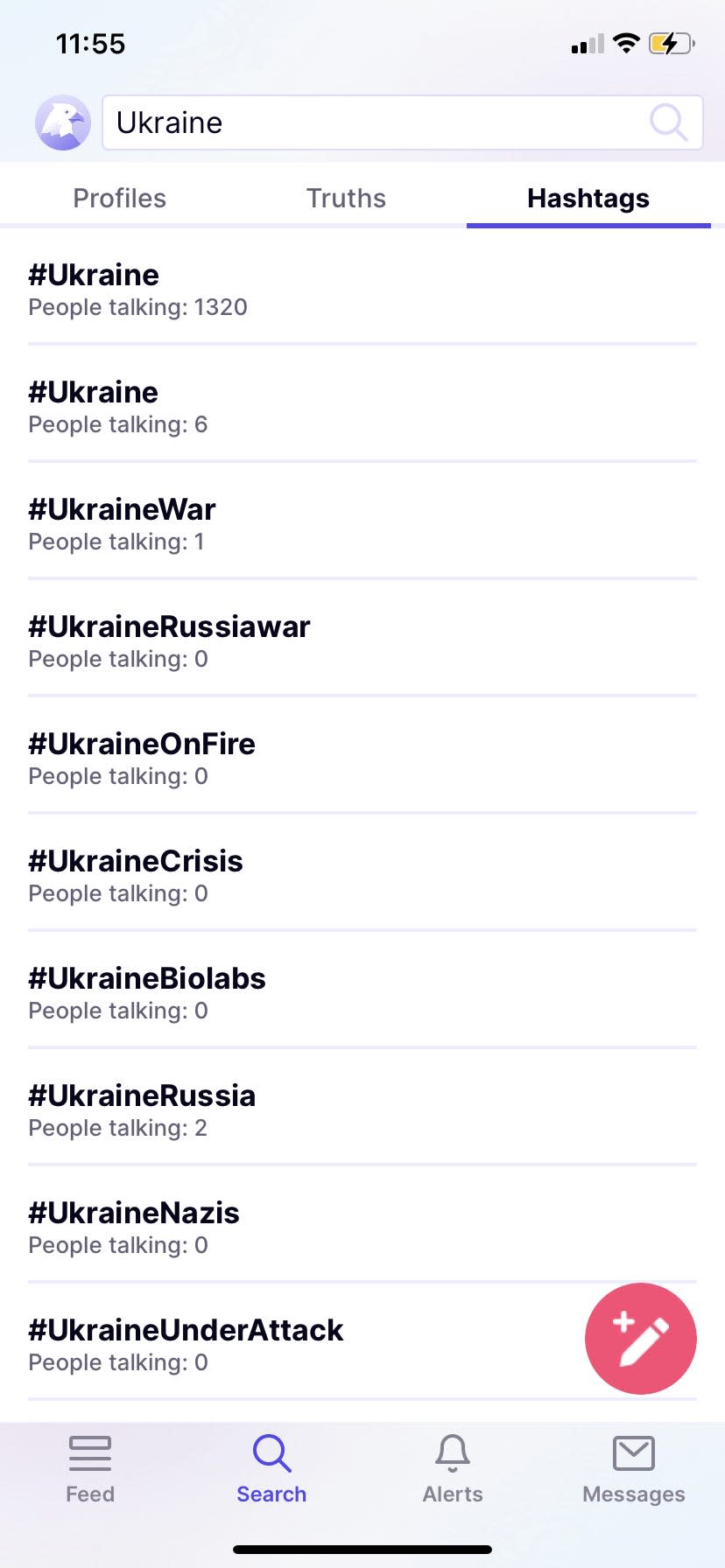 Screenshot of search for "Ukraine" in Hashtags tab of Truth Social. 1,320 people total are talking about #Ukraine