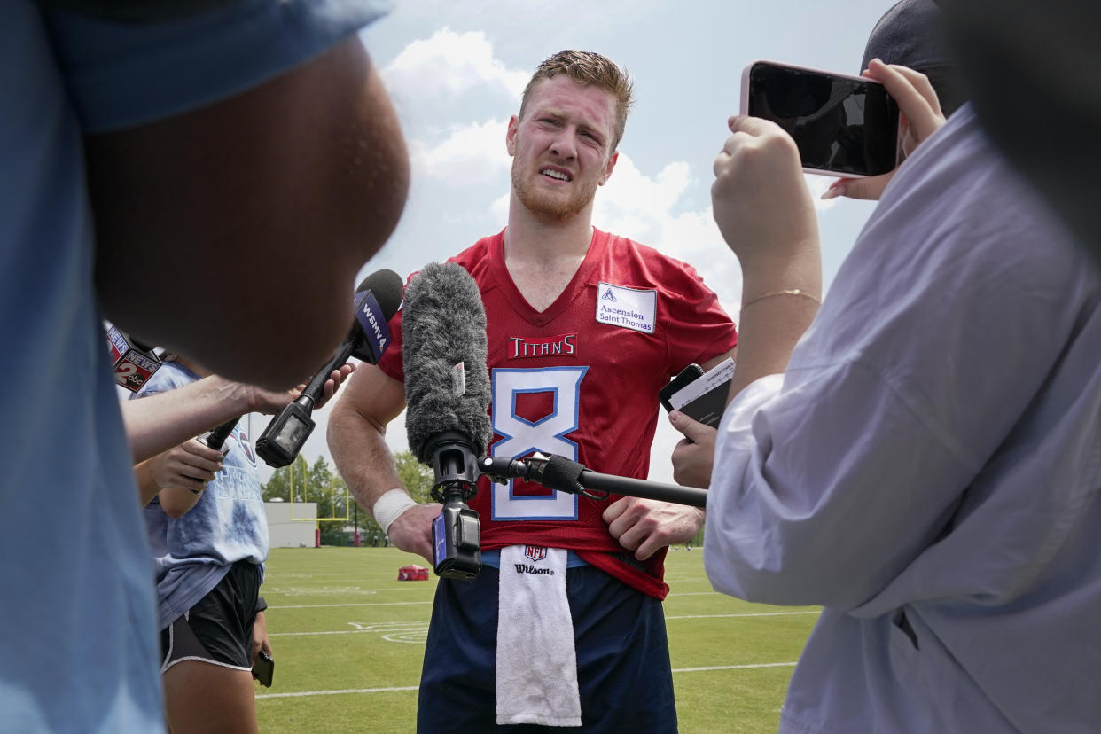 Tennessee Titans quarterback Will Levis has a nasty last-place punishment in his fantasy football league. (AP Photo/George Walker IV)