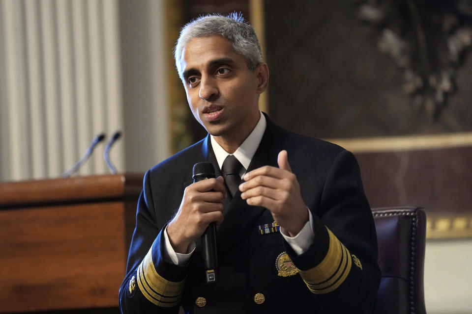 FILE - Surgeon General Dr. Vivek Murthy speaks during an event on the White House complex in Washington, April 23, 2024. Murthy is asking Congress to require warning labels on social media platforms that are similar to those that appear on cigarette boxes. (AP Photo/Susan Walsh, File)